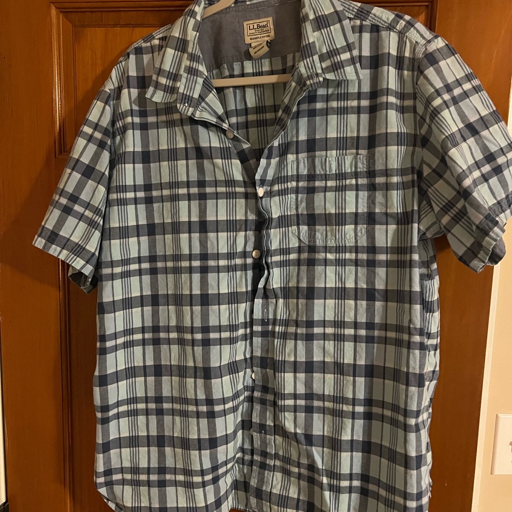 L.L. Bean Men's Casual Blue and White Plaid Shirt 100% Organic Cotton